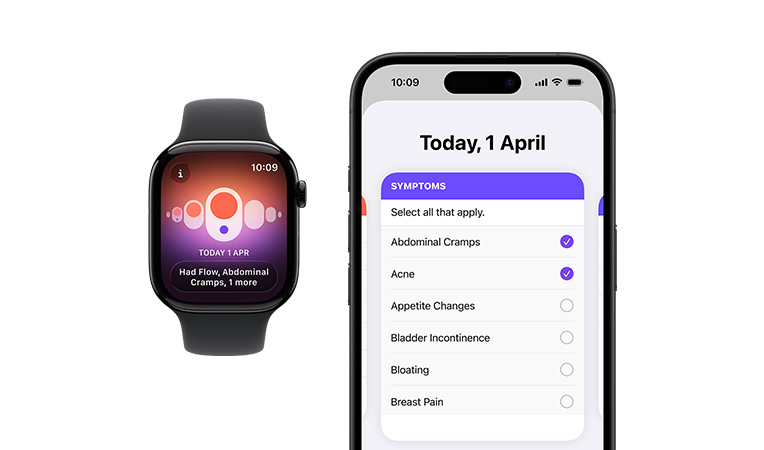 Apple Watch Series 11, aluminum case, polished jet black color, Sport Band, black color, Cycle Tracking app, daily symptoms selector open on paired iPhone