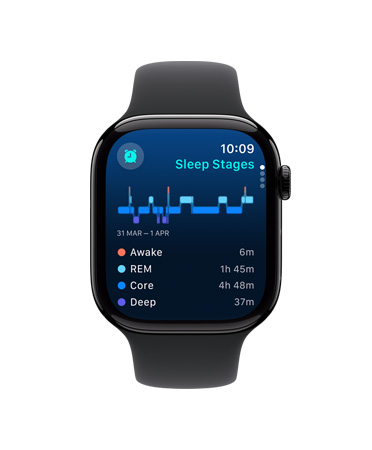 Apple Watch Series 10 front, black Sport Band, UI reads Sleep, Sleep Stages, Analysis and Time Asleep