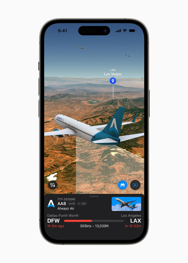 A screen within the Plane Finder app on iPhone 14 Plus shows a plane heading toward Las Vegas.