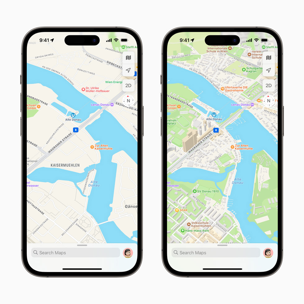 Updated Maps image comparison showcasing richer detail from its previous version of Austria on iPhone 14 Pro.