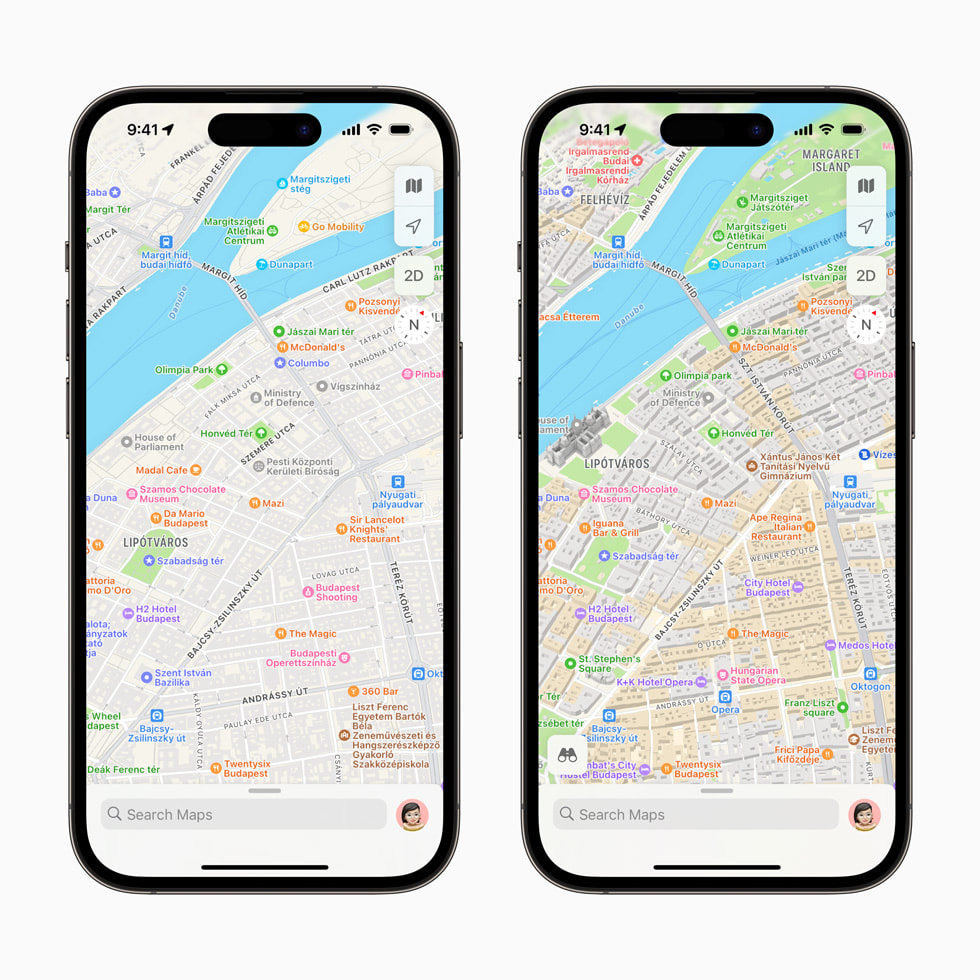 Updated Maps image comparison showcasing richer detail from its previous version of Hungary on iPhone 14 Pro.
