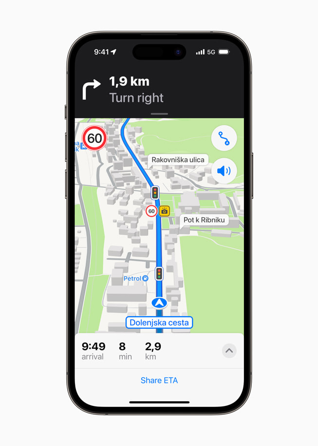 Updated navigation on the new Maps on iPhone 14 Pro.