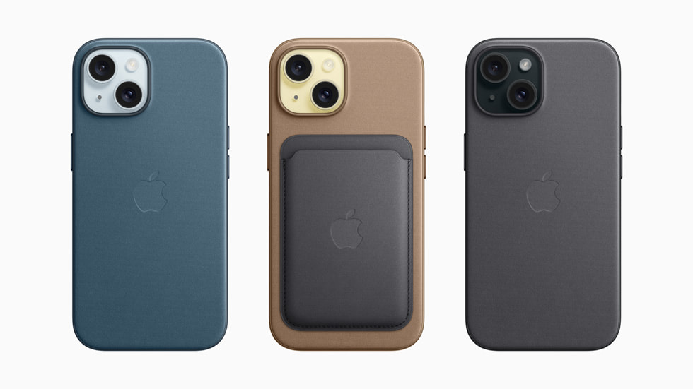Mikro Dokuma malzemeden üretilen k?l?flarda ü? iPhone 15 ayg?t? g?steriliyor. ?ki k?l?f?n da arkas?nda cep bulunuyor. 
