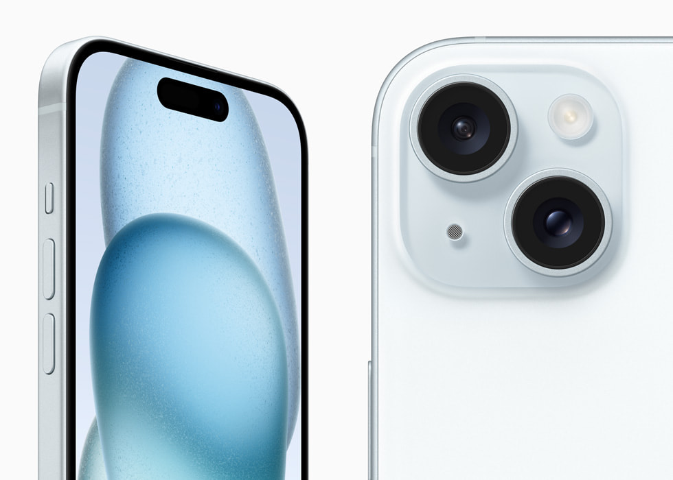 Mavi iPhone 15’in ?nden ve arkadan g?rünümü.