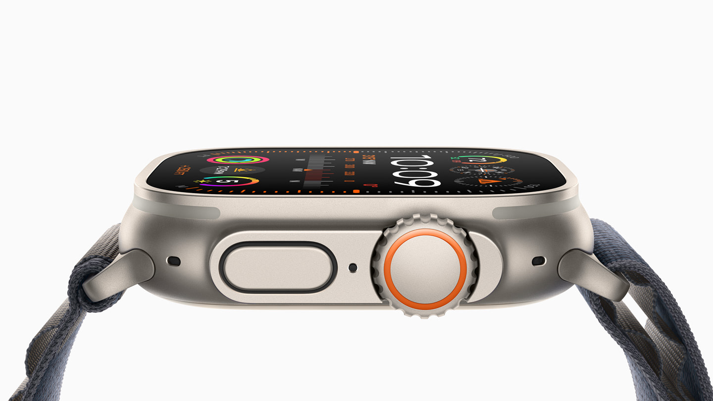 Digital Crown’u g?rünen Apple Watch Ultra 2’nin yandan yak?n ?ekim g?rünümü.
