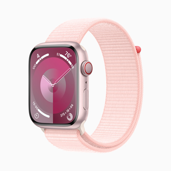 Pembe alüminyum kasa Apple Watch Series 9 ve pembe Spor Loop.