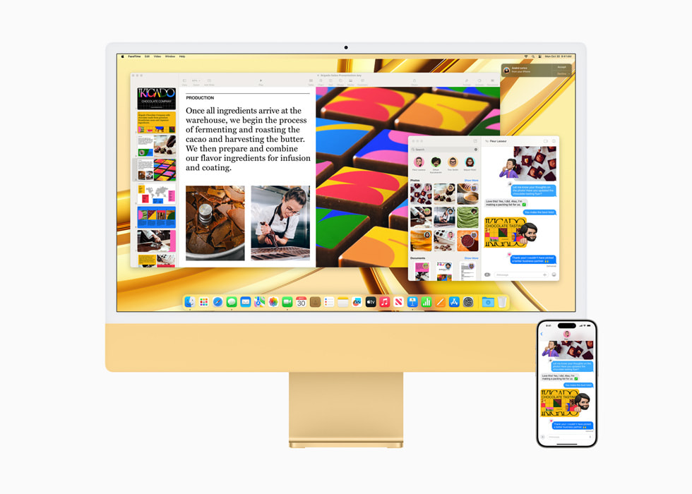 M3 ?ipe sahip sar? renkli yeni iMac’te ve yan?nda duran iPhone 15 Pro’da Süreklilik ?zelli?i g?steriliyor.