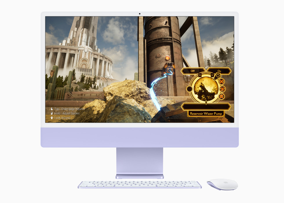 M3 ?ipe sahip mor renkli yeni iMac’te Firmament oyunu ve iMac ile uyumlu renkte klavye ve fare g?steriliyor.