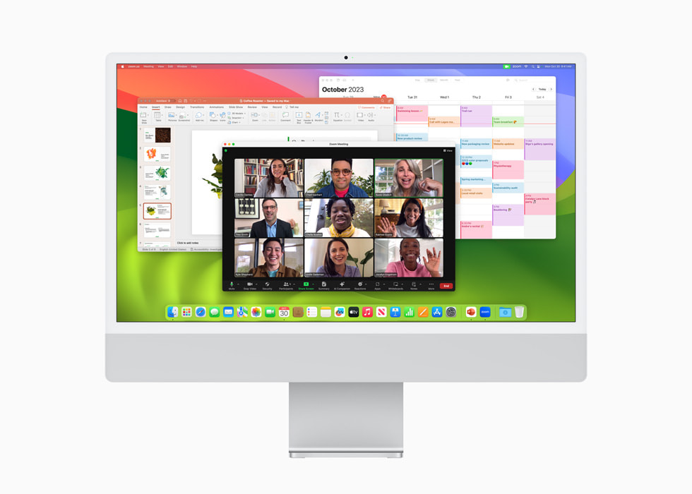 M3 ?ipe sahip gümü? renkli yeni iMac’te macOS Sonoma’n?n bir par?as? olarak Takvim, Microsoft PowerPoint ve Zoom uygulamalar? g?steriliyor.