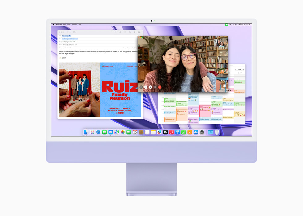 M3 ?ipe sahip mor renkli yeni iMac’te FaceTime, Takvim ve Mail uygulamalar? g?steriliyor.