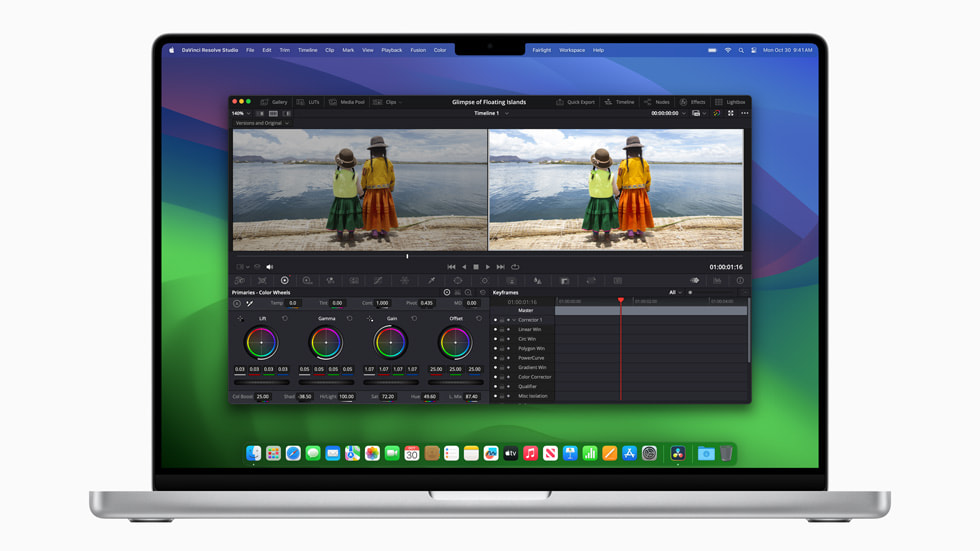 M3 Max ?ipe sahip yeni MacBook Pro, Blackmagic DaVinci Resolve Studio i? ak???yla g?steriliyor.