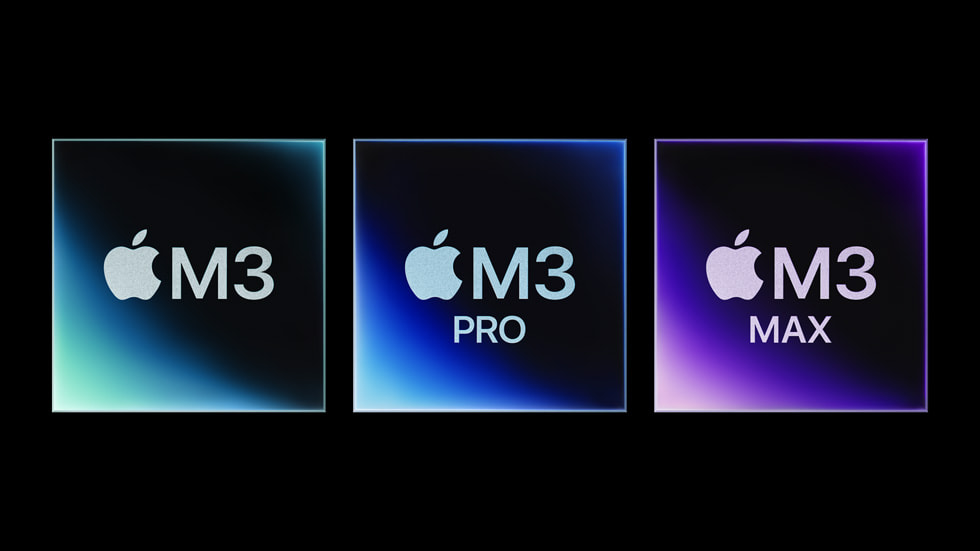 M3, M3 Pro ve M3 Max ?ipleri temsil eden ü? kareden olu?an bir grafik.