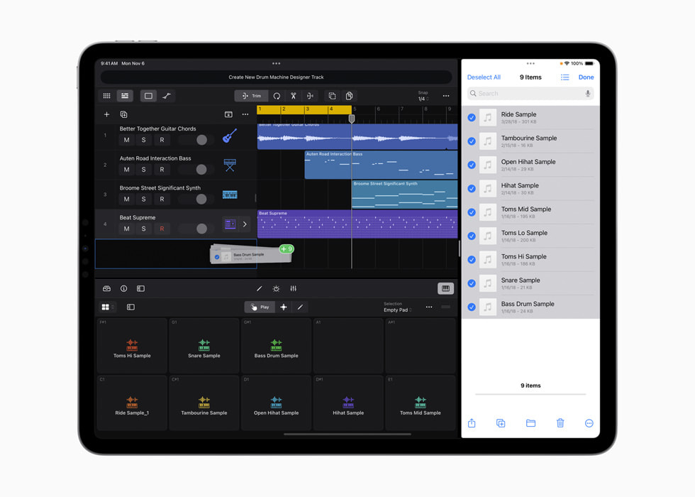 Bir kullan?c? dosyalar? sürükleyerek iPad i?in Logic Pro’ya ta??yor.