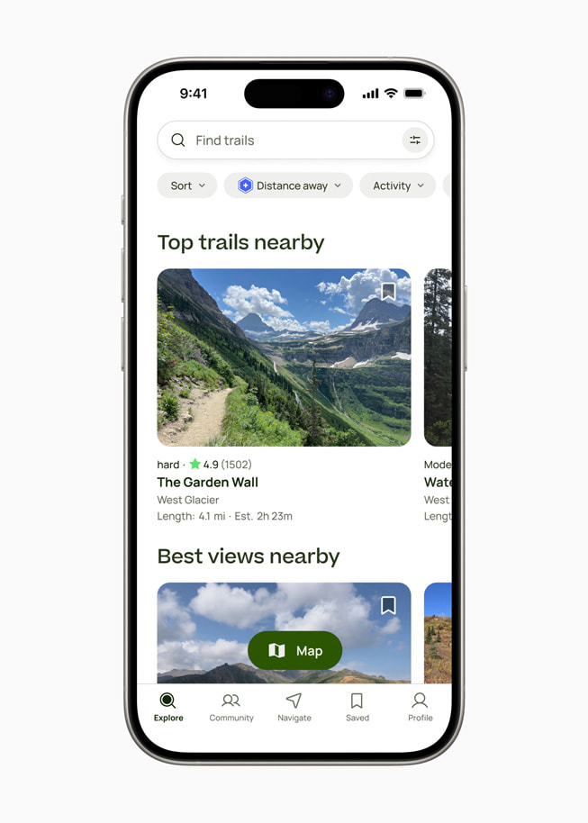 iPhone 15 Pro’da AllTrails uygulamas?n?n Explore sekmesi g?steriliyor.