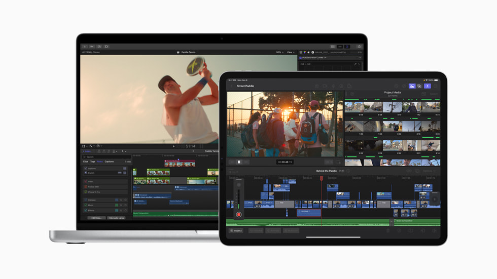 MacBook Pro ve iPad’de güncellenen Mac ve iPad i?in Final Cut Pro deneyimi g?steriliyor.