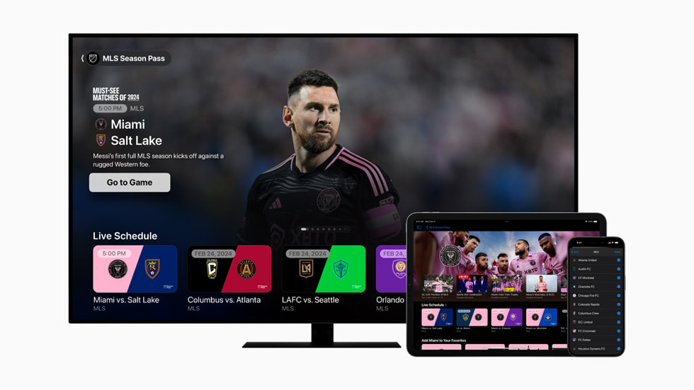 Bir ak?ll? TV, 11 in? iPad Pro ve iPhone 15 Pro ekran?nda Apple TV uygulamas?ndaki MLS Season Pass’te Inter Miami CF g?steriliyor