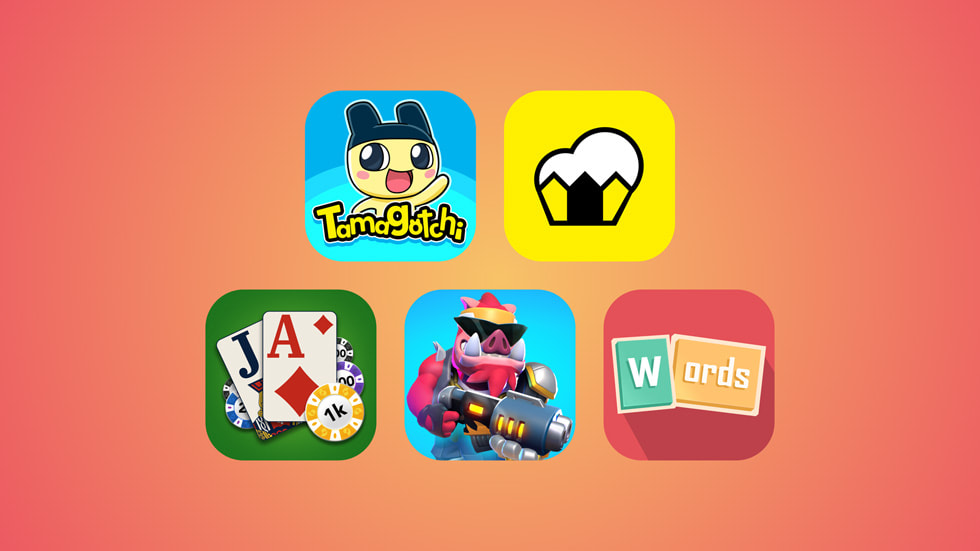Tamagotchi Adventure Kingdom, Cornsweeper, Blackjack by MobilityWare+, BEAST: Bio Exo Arena Suit Team, Words in Progress ve Summer Pop+ oyunlar?n? temsil eden simgelerden olu?an bir kolaj.
