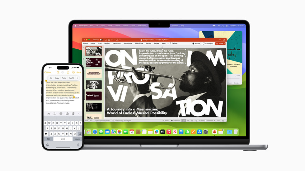 MacBook Air ile iPhone 15 Pro’da Süreklilik ?zelli?i g?rünüyor ve her iki ekranda da kullan?c?n?n PowerPoint projesi bulunuyor.