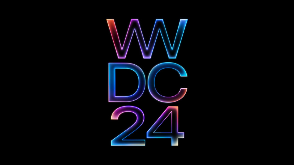 Siyah arka plan?n ?nünde renkli metalik bir fontla yaz?lm?? WWDC24 yaz?s?.