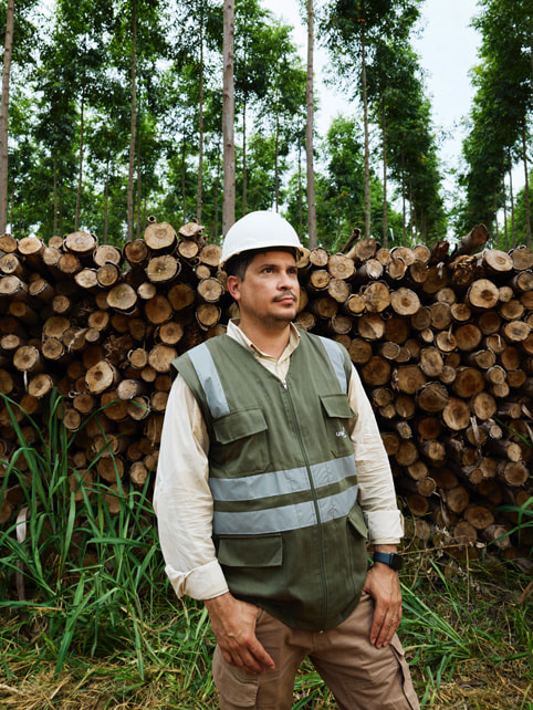 Alvaro Ramirez se tient devant une pile de b?ches.
