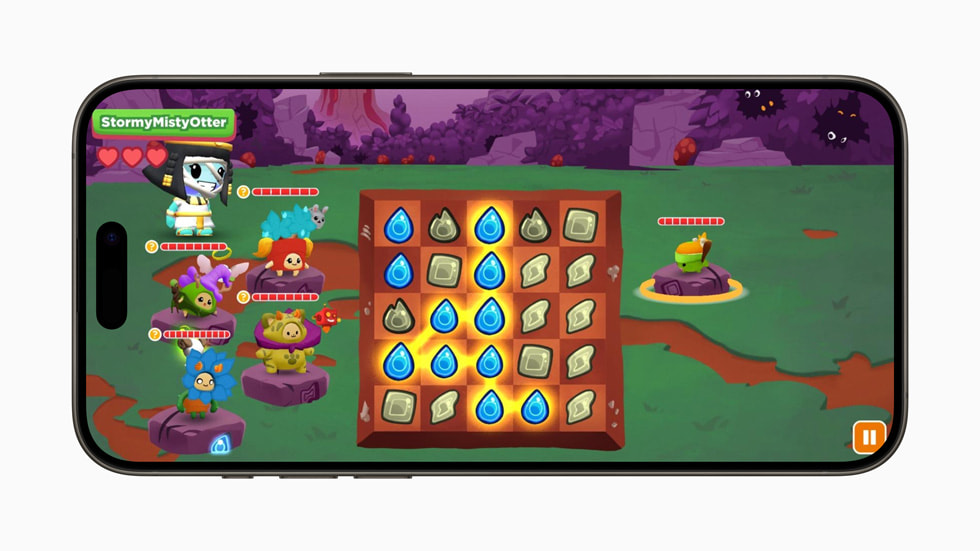iPhone 15 Proに表示された「Boddle」の様々なキャラクターとグリッド。