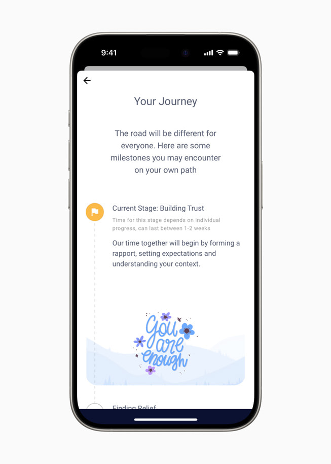 iPhone 15 Proに表示された「Wysa」アプリの「Your Journey」という見出しの畫面。