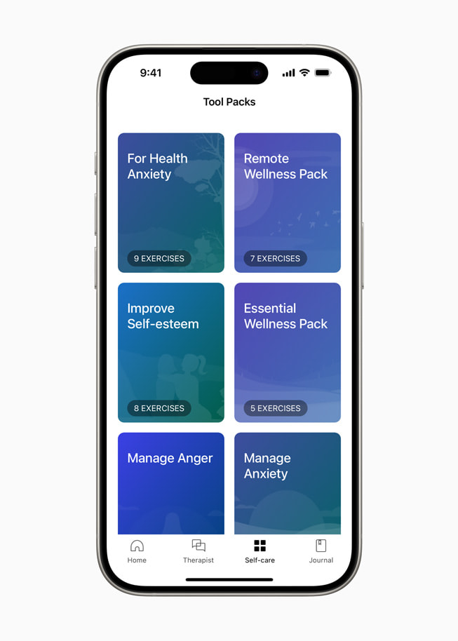 iPhone 15 Proに表示された「For Health Anxiety」や「Manage Anger」といった「Wysa」のツールパックのメニュー。