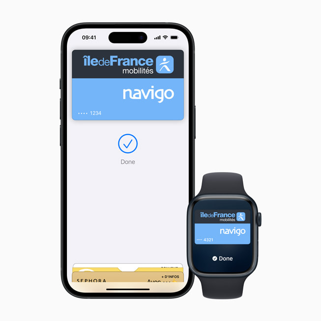 Màn hình iPhone 15 Pro và Apple Watch Series 9 hi?n th? th? Navigo. 
