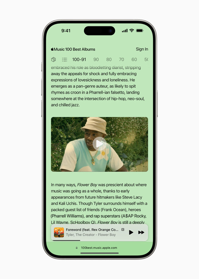 iPhone 15 Pro ekran?nda En ?yi 100 mikro sitesinde “Flower Boy” albümü hakk?nda bilgiler g?steriliyor.