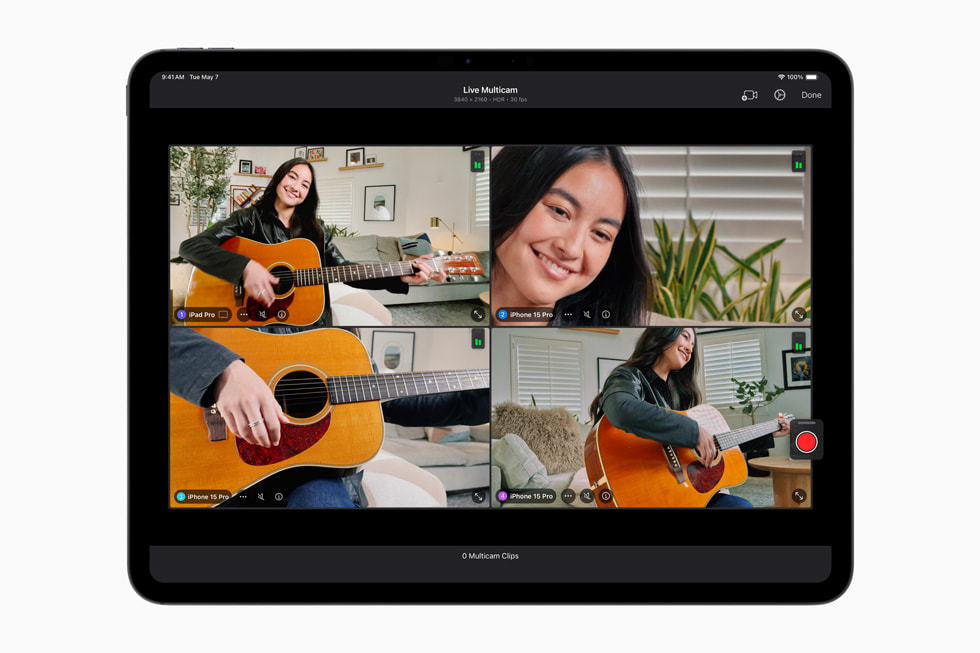 iPad Pro ekran?nda iPad i?in Final Cut Pro 2’deki Canl? ?oklu Kamera ?zelli?i g?steriliyor.