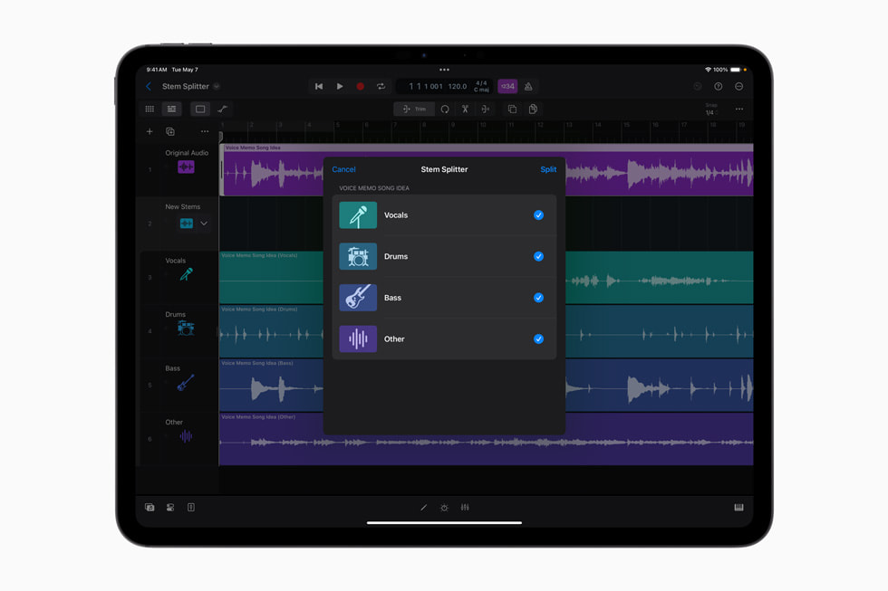 iPad Pro ekran?nda iPad i?in Logic Pro 2’deki Stem Splitter g?steriliyor. 