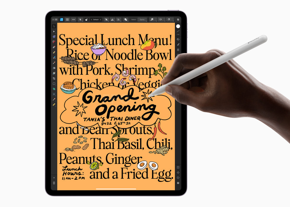 Bir tasar?mc?, yeni iPad Air’le Affinity Designer 2’de Apple Pencil Pro’yu kullanarak yarat?c?l???n? sergiliyor.