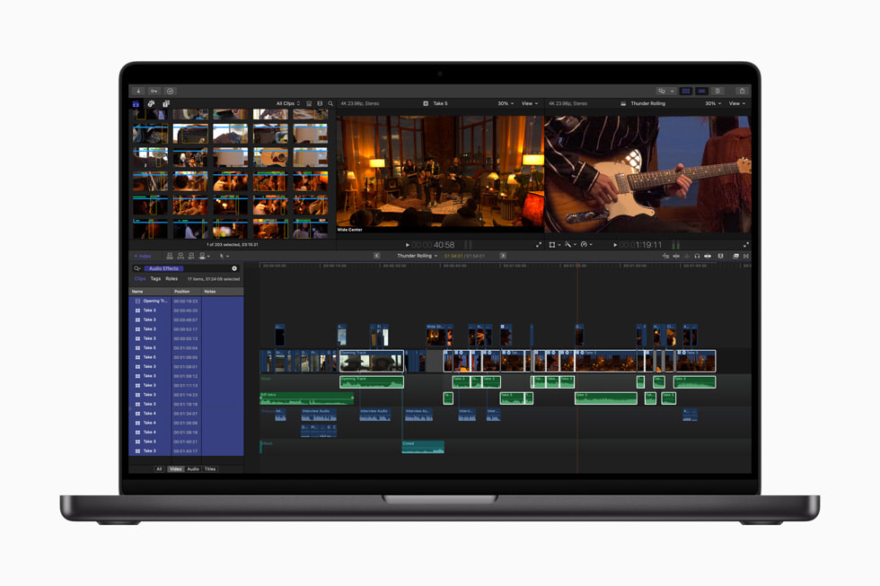 Uzay siyah? 16 in? Macbook Pro’daki Mac i?in Final Cut Pro 10.8’de zaman ?izelgesi dizini g?rülüyor.