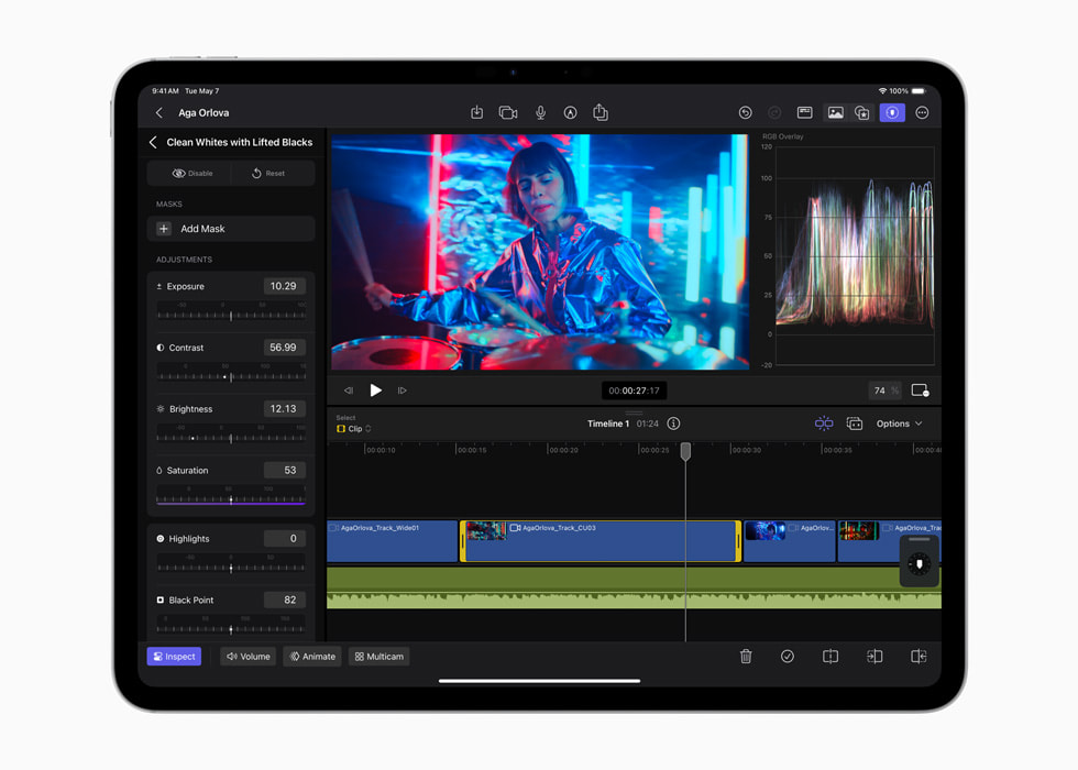 Uzay siyah? 13 in? iPad Pro’daki iPad i?in Final Cut Pro 2’de renk düzenleme ?n ayarlar? g?steriliyor.