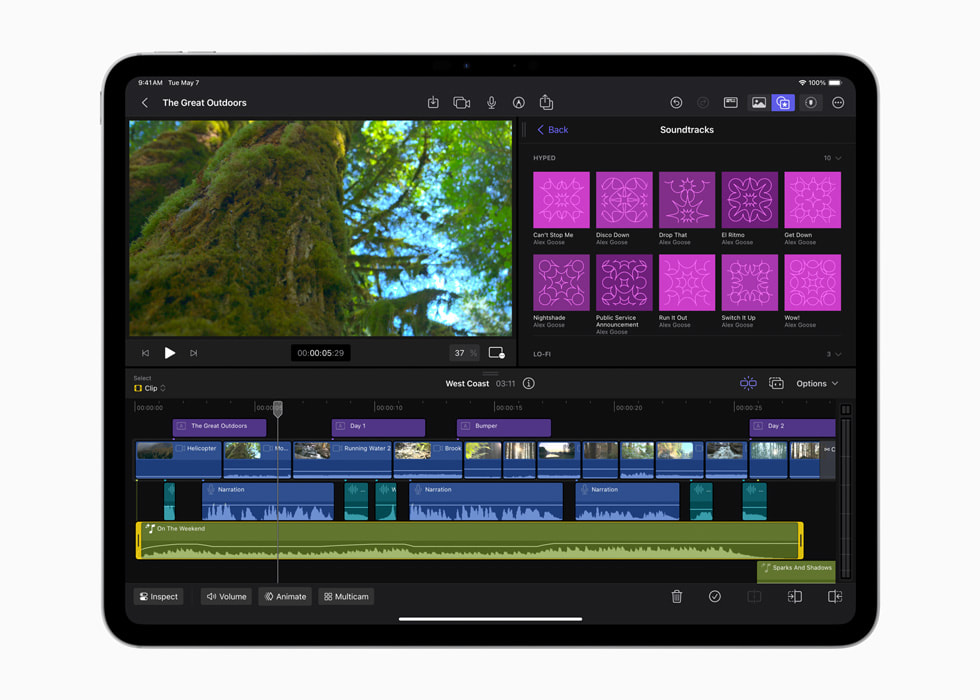 Uzay siyah? 13 in? iPad Pro’daki iPad i?in Final Cut Pro 2’de fon müzikleri g?steriliyor.