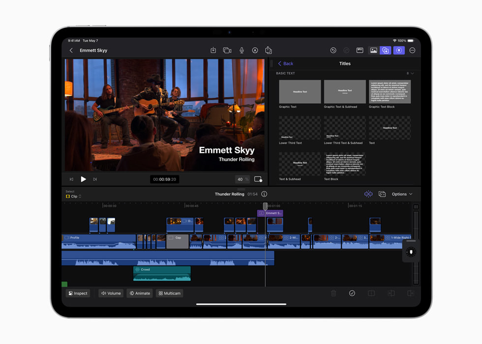 Uzay siyah? 13 in? iPad Pro’daki iPad i?in Final Cut Pro 2’de temel metin ba?l?klar? g?steriliyor.