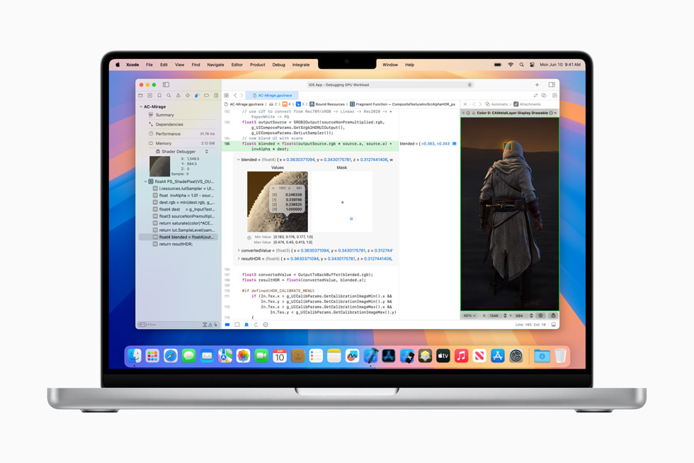14 in? MacBook Pro’da HLSL sharder’lar?n kayna??nda hata ay?klama ve profil olu?turma ?zellikleri g?steriliyor.