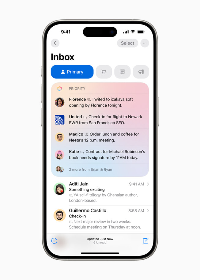 The Priority Messages feature is shown on iPhone 15 Pro.
