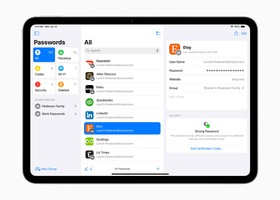 iPad Pro shows a Passwords screen —?with the options passkeys, codes, Wi-Fi, security, and deleted — and passkeys is selected. 