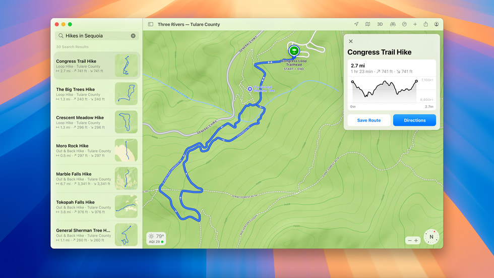 Bir kullan?c?n?n MacBook Pro’sunda, Apple Harita üzerinde Congress Trail Hike rotas? g?steriliyor.