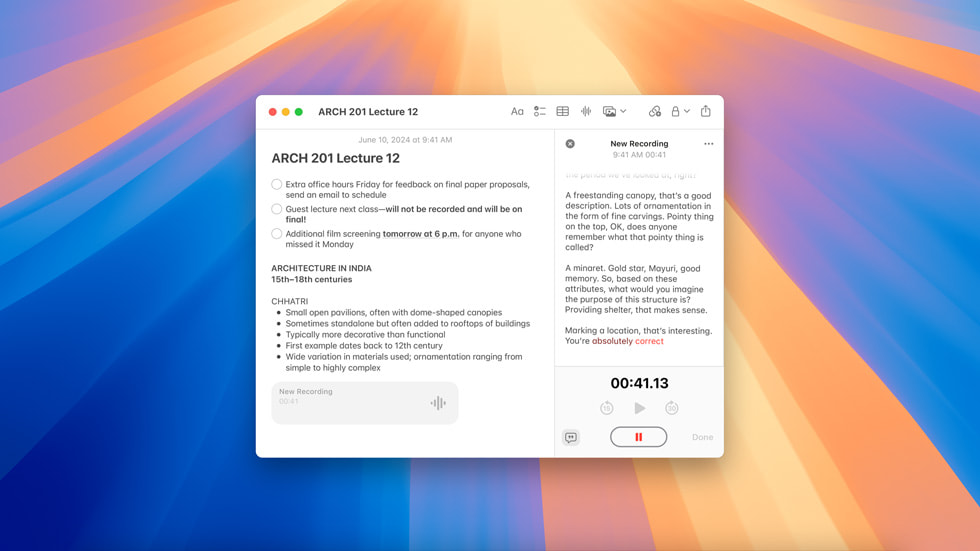 Bir kullan?c?n?n Notlar uygulamas?ndaki notlar?, Apple Intelligence ile gelen yeni sesi metne d?nü?türme ?zelli?iyle birlikte g?steriliyor.