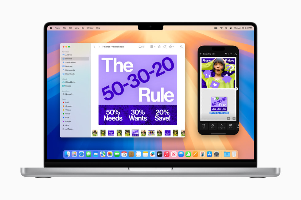 iPhone 15 Pro ile MacBook Pro aras?nda i?erikleri sürükleyip b?rakan bir kullan?c?.