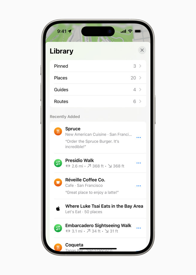 iPhone 15 Pro’daki Apple Harita uygulamas?nda bir kullan?c?n?n Places Library’si g?steriliyor.