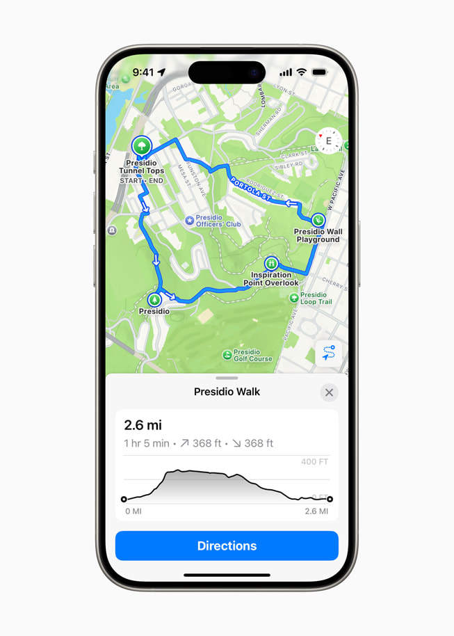iPhone 15 Pro’daki Apple Harita uygulamas?nda bir kullan?c?n?n San Francisco, Presidio’daki ?zel yürüyü? rotas? g?steriliyor.