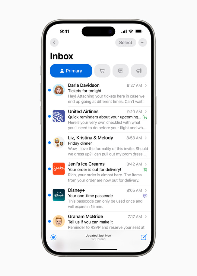 iPhone 15 Pro’da iCloud Mail’deki yeni Birincil gelen kutusu g?steriliyor.