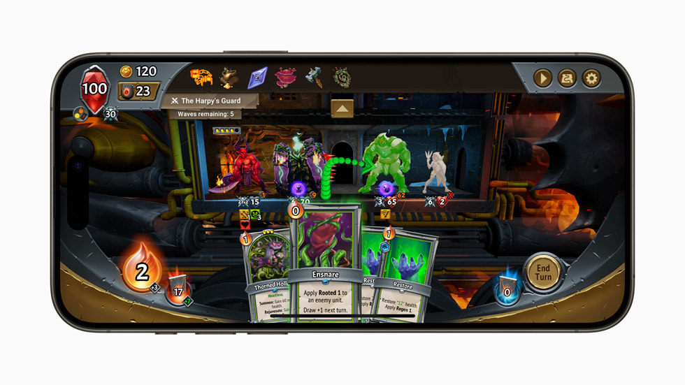 iPhone 15 Pro ekran?nda Monster Train+ oyunundan bir g?rüntü.
