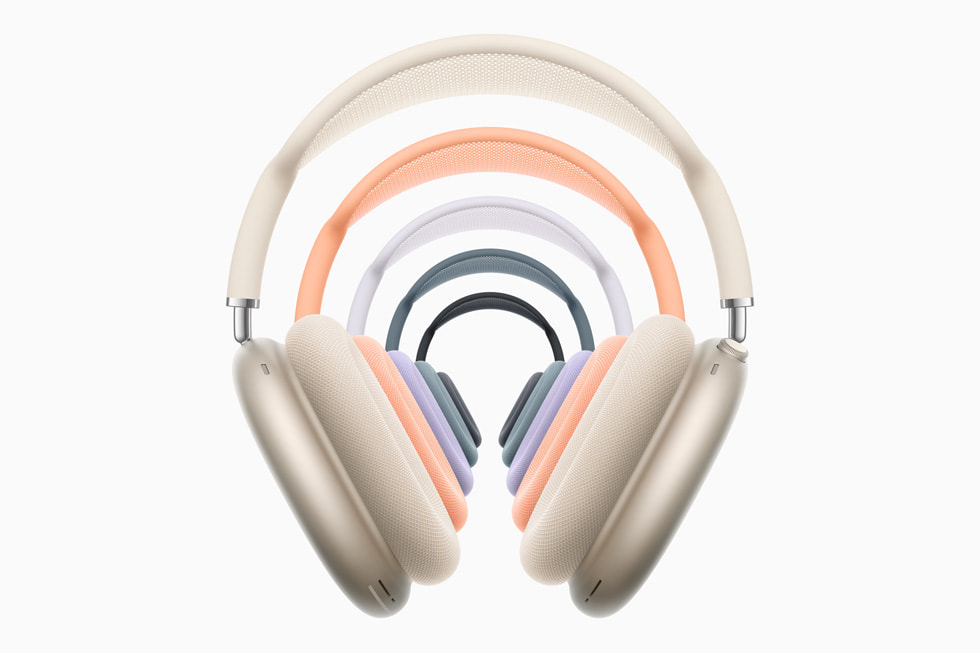AirPods Max’in Y?ld?z I????, Turuncu, Mor, Mavi ve Gece Yar?s? renk se?enekleri g?steriliyor.