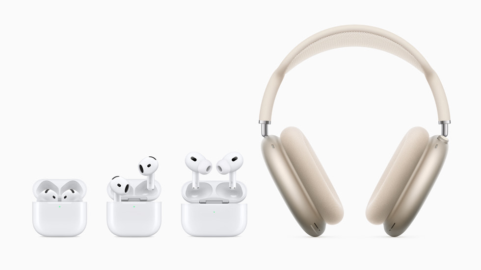 AirPods 4, Aktif Gürültü Engelleme ?zellikli AirPods 4, AirPods Pro 2 ve Y?ld?z I???? AirPods Max g?steriliyor.