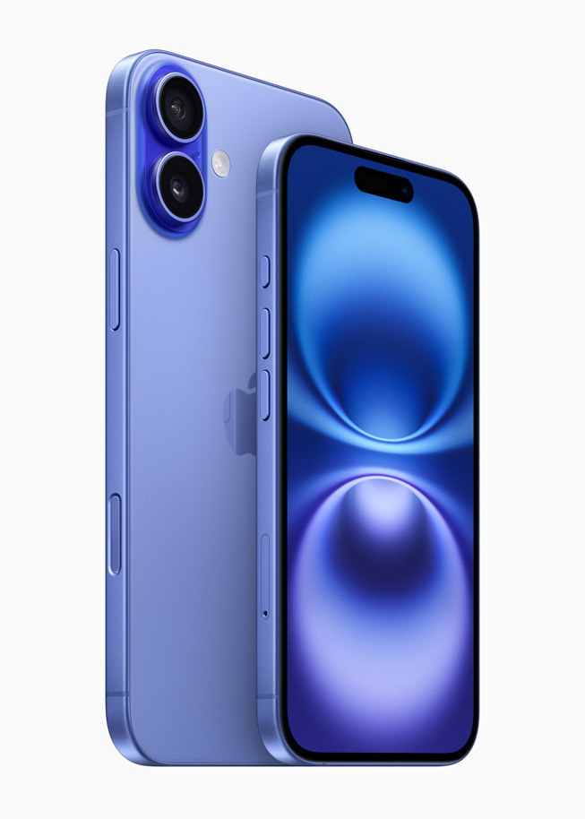 Lacivertta? renkli iPhone 16 ve iPhone 16 Plus yan yana g?steriliyor.