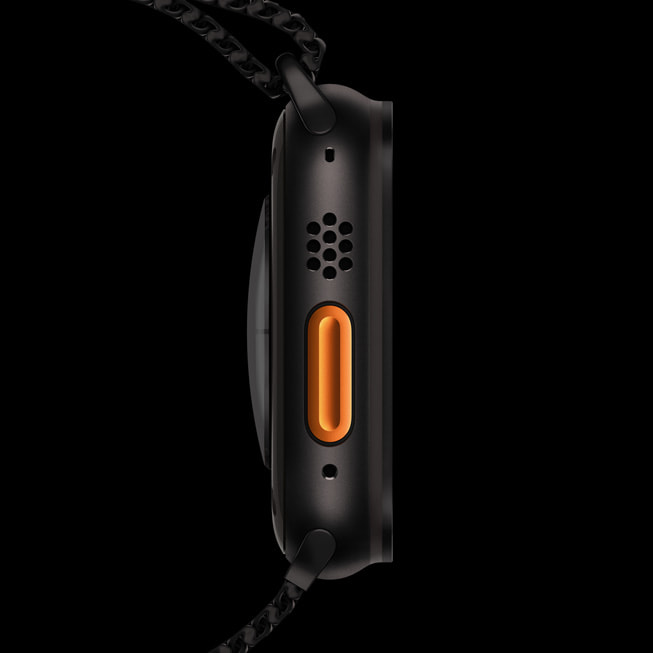 Apple Watch Ultra 2’daki Eylem dü?mesinin yak?n ?ekim g?rünümü.